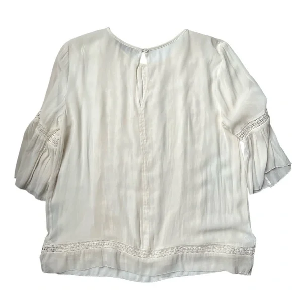 Loft blouse women’s L cream medallion lace 3/4 bell sleeve lacy crochet ruffle - Picture 6 of 9